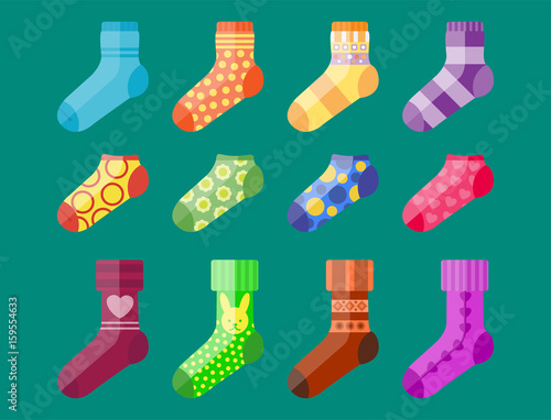 Flat design colorful socks set vector illustration selection of various cotton foot warm cloth