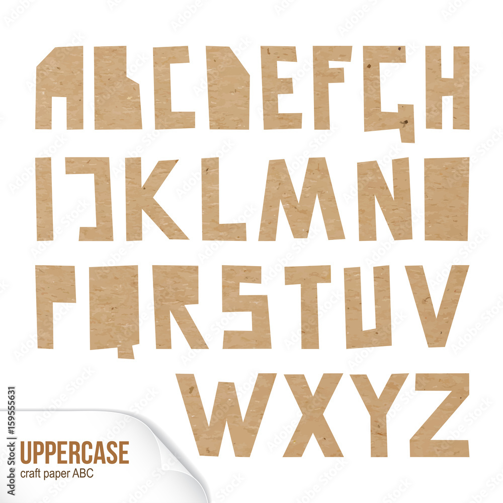 Rough uppercase characters cut out of craft paper. Cardboard capital letters. Vector carton ABC on white background