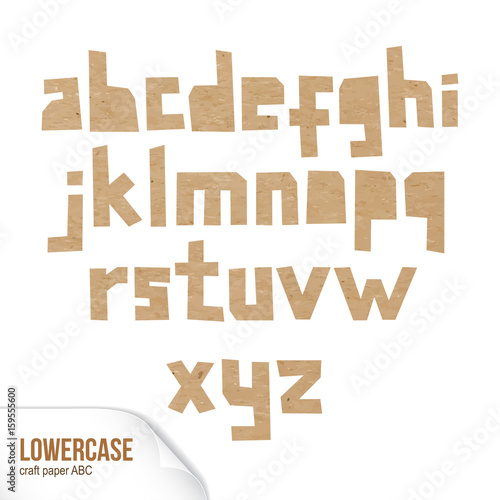 Fototapeta Naklejka Na Ścianę i Meble -  Rough lowercase characters cut out of craft paper. Cardboard small letters. Vector carton ABC on white background