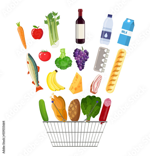 shopping basket full of groceries products.