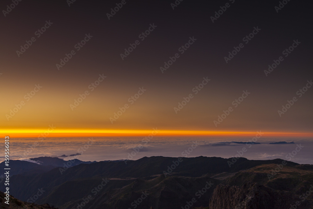 Beautiful Madeira mountains landscape with sunrise or sunset