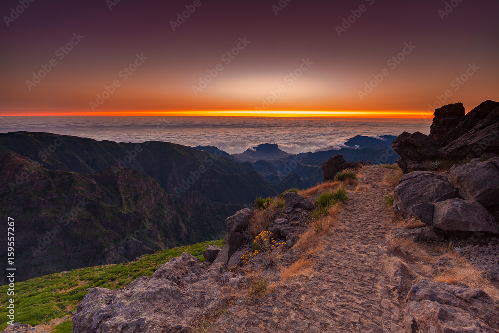 Madeira mountains landscape with sunrise or sunset