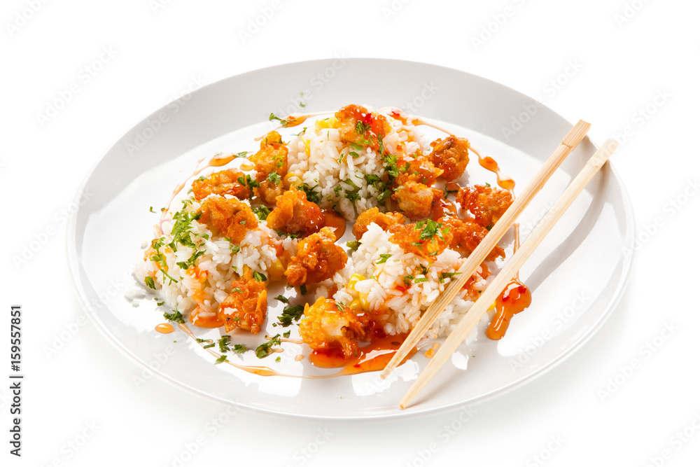 Chicken nuggets with rice on white background Chicken nuggets with rice on white background