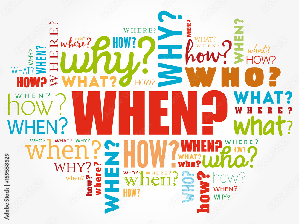 WHEN? - Questions whose answers are considered basic in information gathering or problem solving, word cloud background WHEN? - Questions whose answers are considered basic in information gathering or problem solving, word cloud background