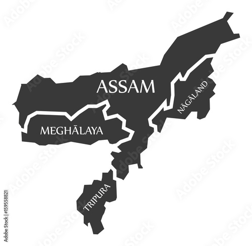 Assam - Meghalaya - Nagaland - Tripura Map Illustration of Indian states
