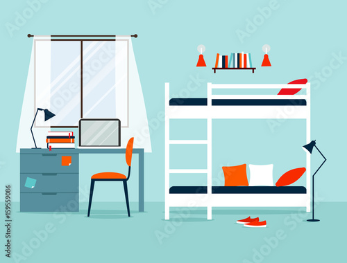 Vector interior of a bedroom. Two-tier bunk bed. Workplace