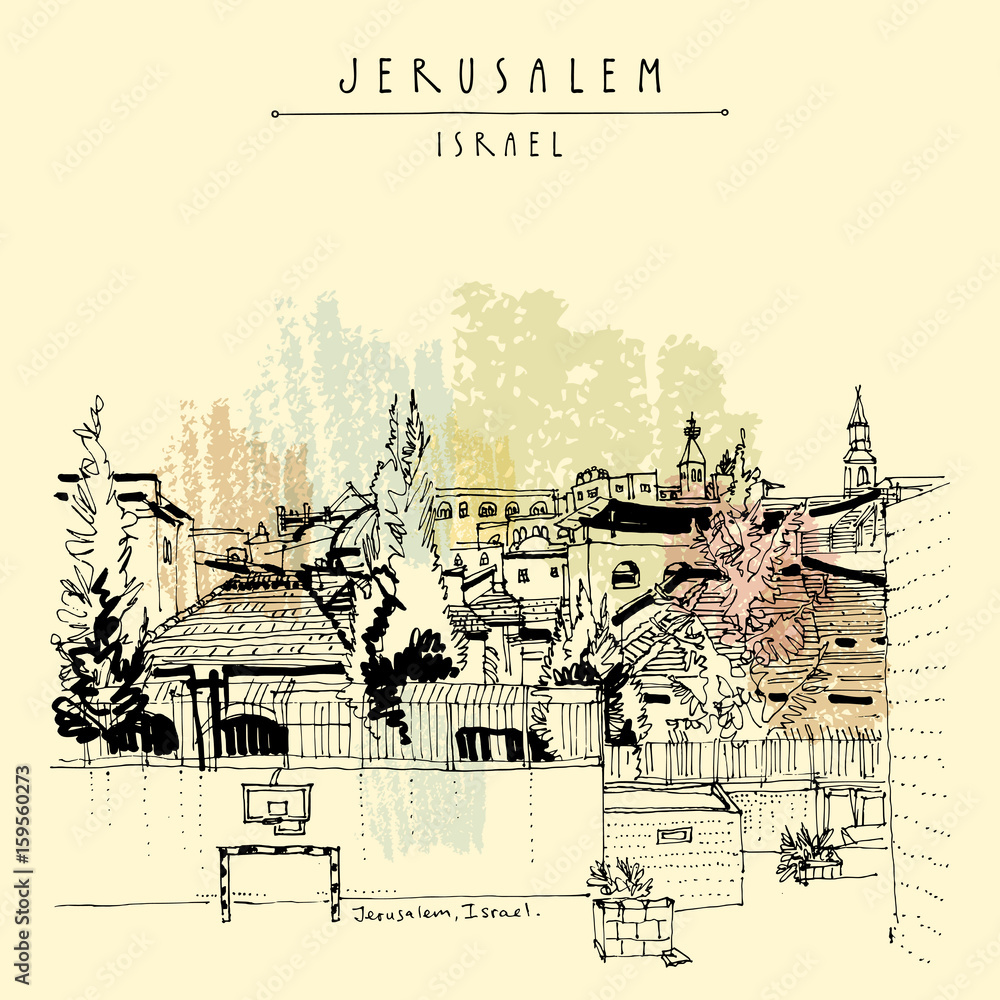 Fototapeta premium Jerusalem skyline. Roofs, churches and a sports ground. Israel. Travel vintage hand drawn postcard