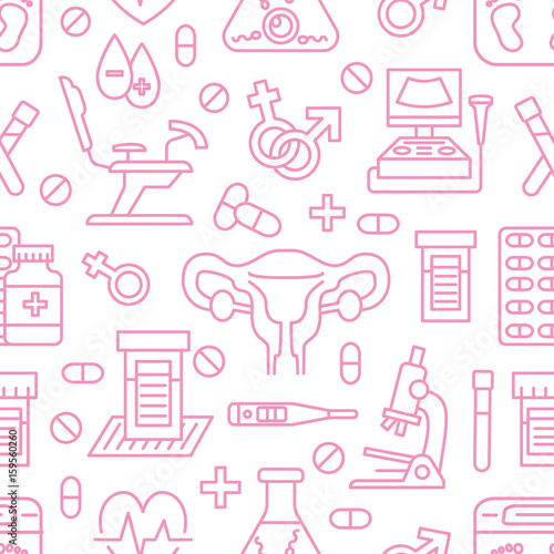 Medical seamless pattern, gynecology vector background pink color. Obstetrics, pregnancy line icons - baby ultrasound, gynecological chair, in vitro fertilization. Cute repeated illustration hospital.