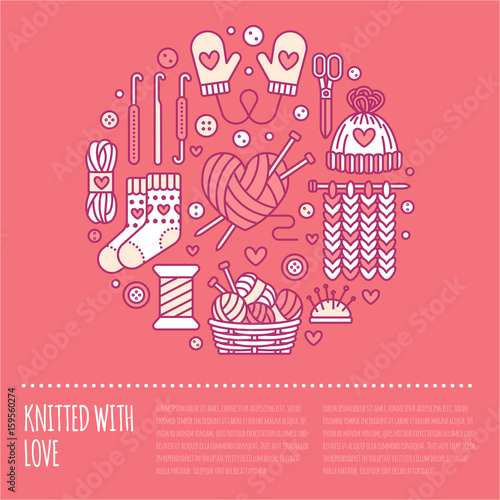 Knitting  crochet  hand made banner illustration. Vector line icon knitting needle  hook  scarf  socks  pattern  wool skeins and other DIY equipment. Yarn or tailor store template.