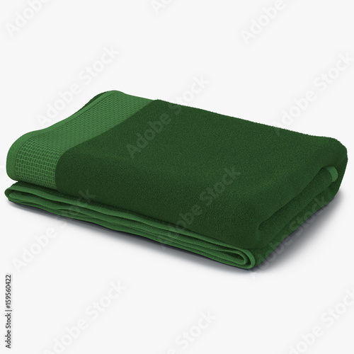 Folded Green Beach Towel, striped cloth set isolated on white. 3D illustration