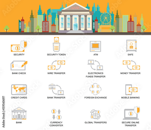 Bank building exterior on Cityscape with Business Finance Icons Set.