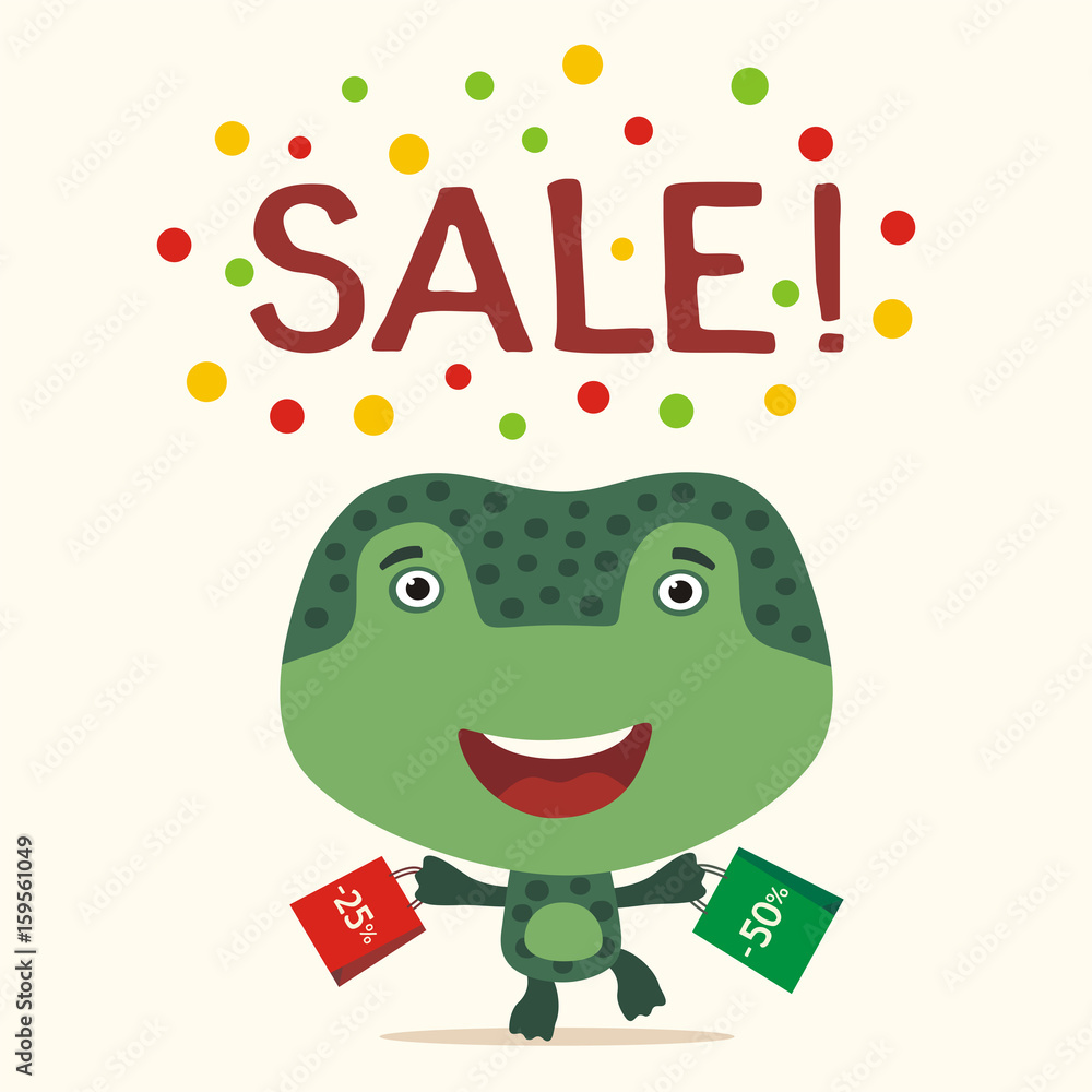 Obraz premium Poster seasonal sale. Funny frog runs with packs for sale. Banner for sale of products children with frog in cartoon style.