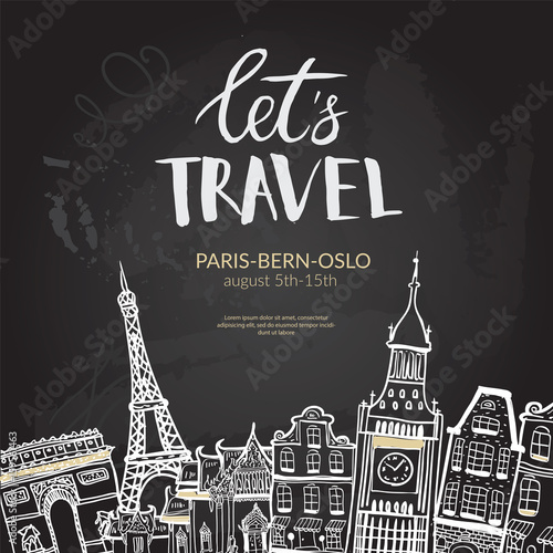 Let's Travel. Lettering quote, typographic banner.