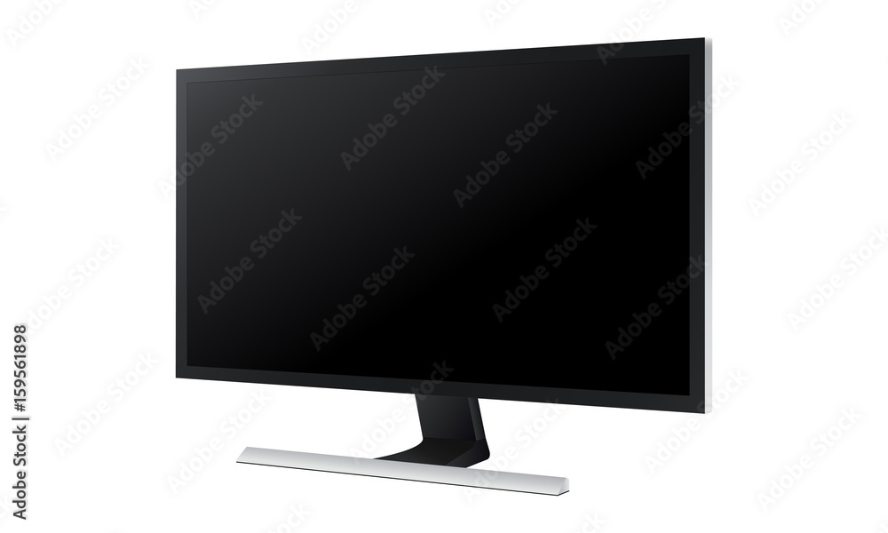 
Monitor in perspective 3/4 right view isolated on white background. Blank TV screen mockup to showcase presentations, website templates or wallpaper. Vector illustration