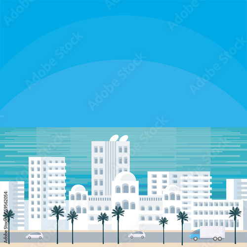 Abstract image of the southern seaside city. A city landscape with buildings, palm trees and a view of the sea. Vector background.