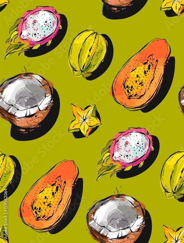 Hand drawn vector abstract freehand textured unusual seamless pattern with exotic tropical fruits papaya,dragon fruit,coconut and carambola isolated on green background