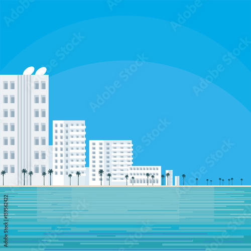 Abstract image of the southern seaside city. A city landscape with buildings, palm trees and a view of the sea. Vector background.