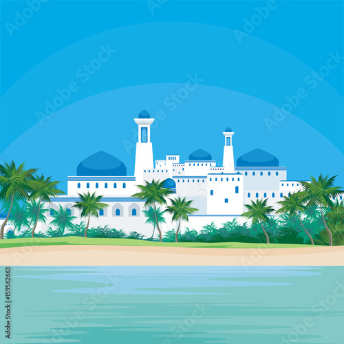 Abstract image of the southern seaside city. A city landscape with buildings, palm trees and a view of the sea. Vector background.