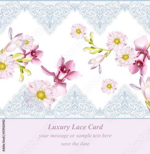 Lily flowers and chamomile delicate lace card. Springtime Summer fresh natura...