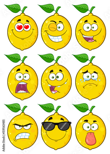 Yellow Lemon Fruit Cartoon Emoji Face Character Set 1. Collection Isolated On White Background
