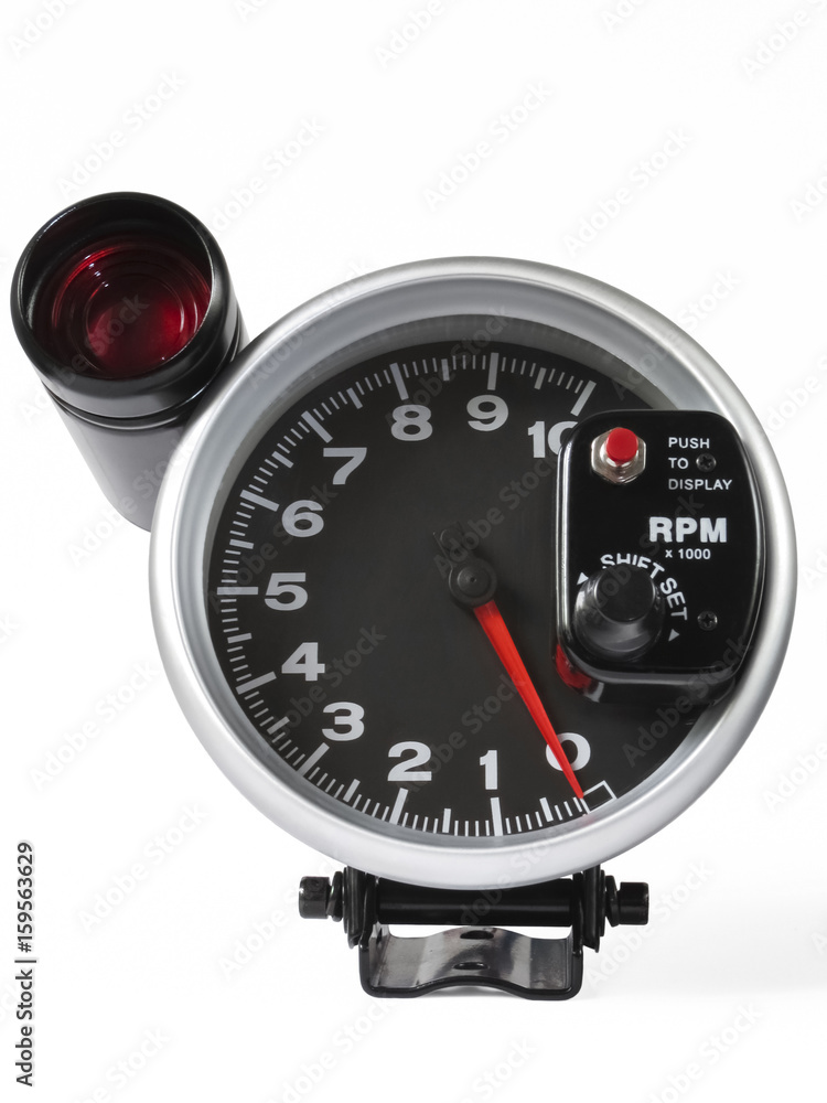 External tachometer with flash. Sports tachometer on white background.