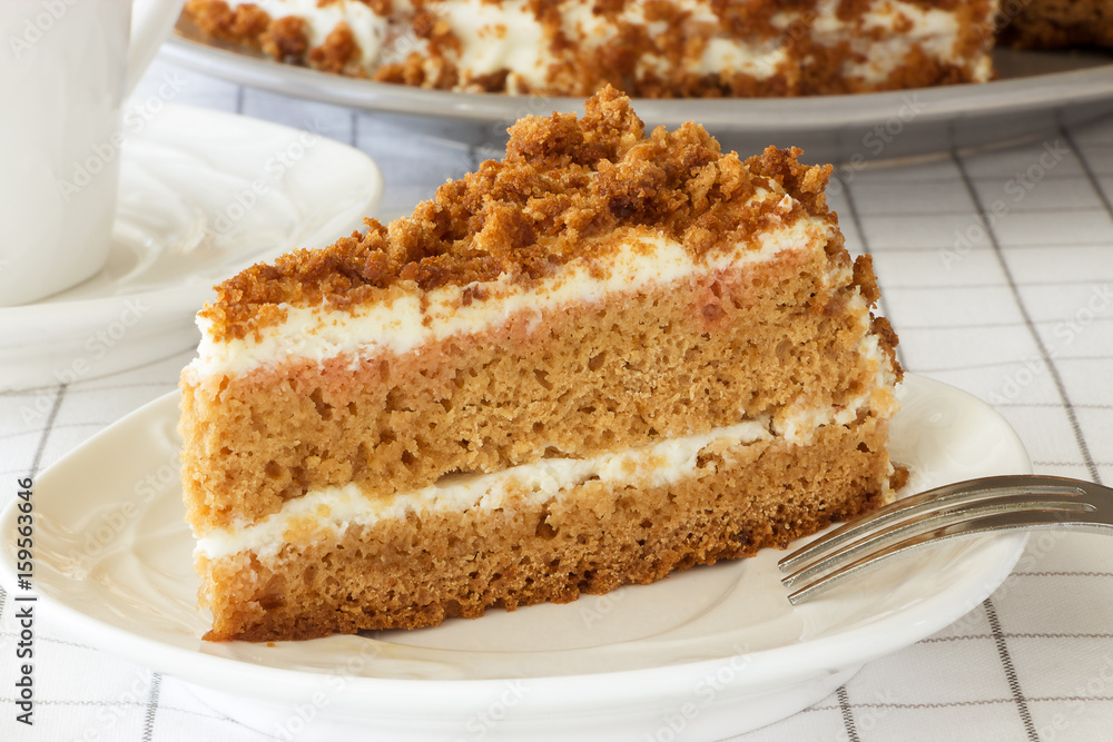 Slice of honey cake. Light background. Selective focus. Slice of honey cake. Light background. Selective focus.