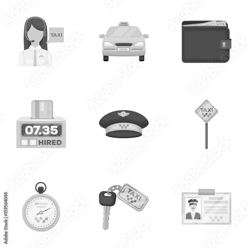 Set of icons about the taxi. A call taxi driver, Parking. Transportation around the city.Taxi icon in set collection on monochrome style vector symbol stock illustration.
