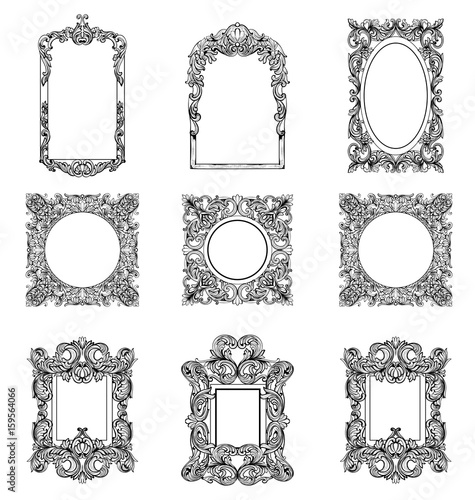 Rich Imperial Baroque Rococo frames set. French Luxury carved ornaments. Vector Victorian exquisite Style decorated frames