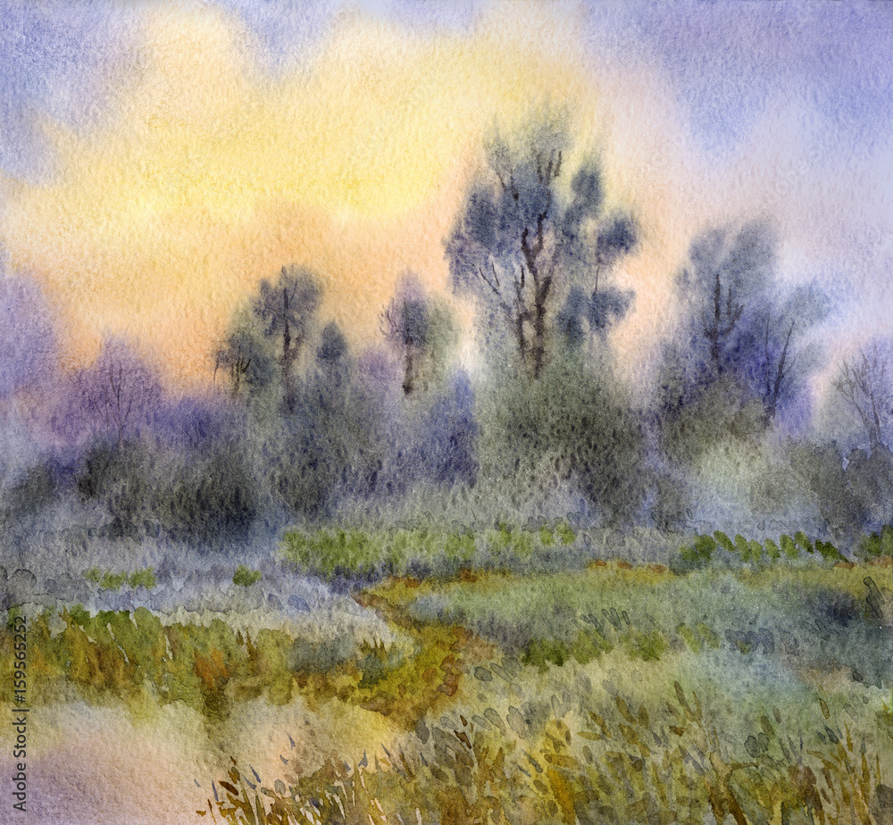 Naklejka premium Watercolor landscape. Sunrise over woods and meadows