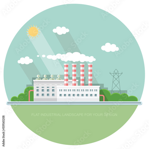 Flat waste incineration plant exterior with City in the background. Building, workers. recycling, nature care, alternative resource, incinerator concept. Vector background illustration