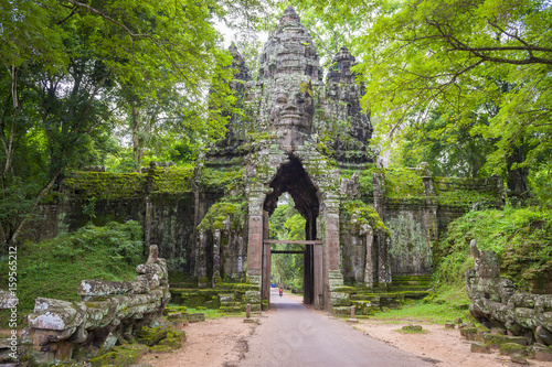 Scenic jungle view of the Angkor Thom North Gate at the Angkor Temple complex near Siem Reap, Cambodia