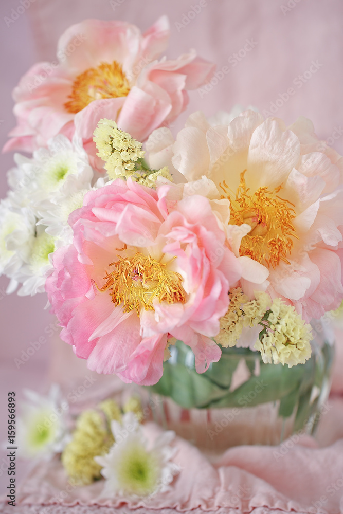 Close-up floral composition with a pink peonies.