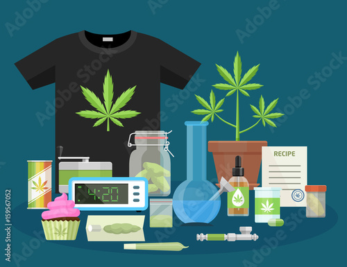 Marijuana and smoking equipment flat icons, Illustration of medical cannabis ganja growing and accessories cartoon vector illustration