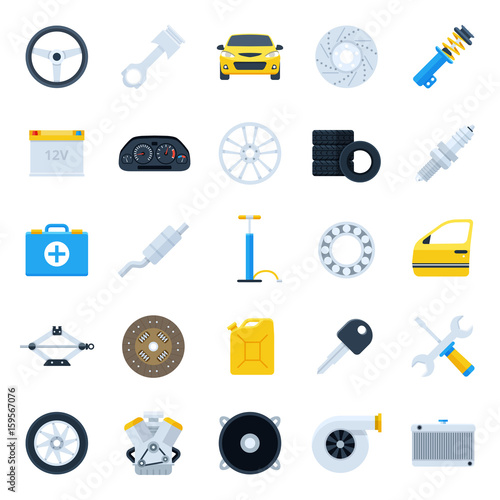Car service cartoon icons set. Repair and maintenance Illustration. Colorful flat vector illustrations of  car parts