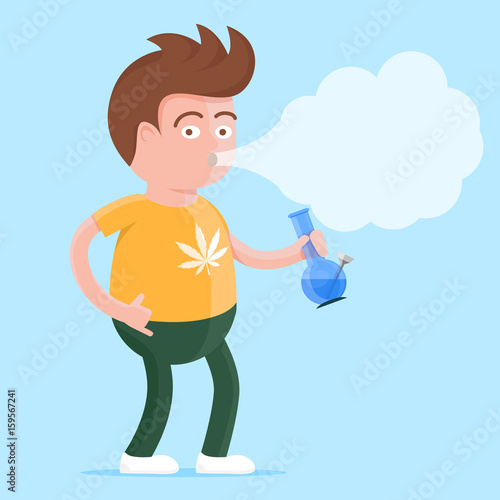 Happy young man in t-shirt with cannabis print and bong in the hand smoking marijuana. Colorful vector character illlustration