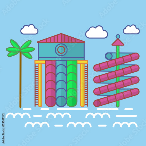 Swimming pool with waterslides for children colorful poster