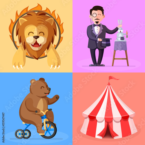 Cartoon style set with circus actors characters. Trained lion, magician, bear on bicycle and circus tent vector illustrations