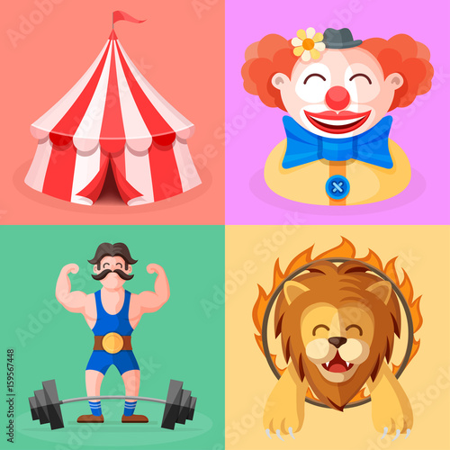 Circus performance show. Illustrations of actors and circus tent. Funny clown, mighty strong man,trained lion . 