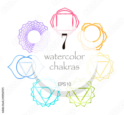 Seven watercolor shakras set