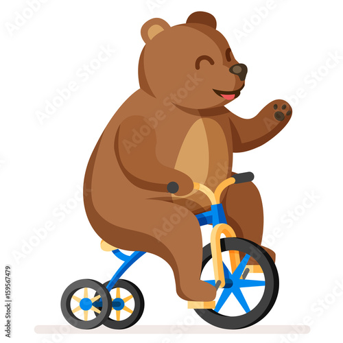 Colorful happy and cute bear on bicycle. Trained funny circus bear artist riding bike character. Flat vector illustration.