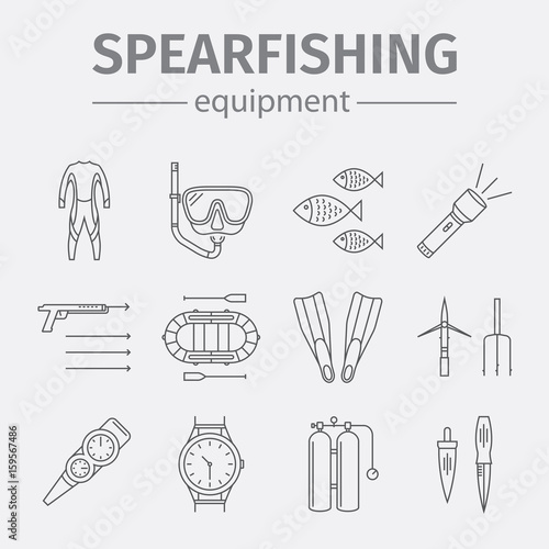 Spearfishing line icon set isolated on white background. Diving icons.
