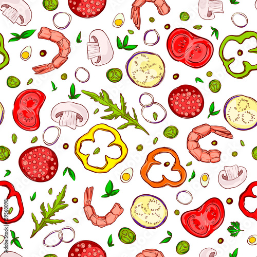Fototapeta Naklejka Na Ścianę i Meble -  Pretty seamless pattern made of sliced salami, bell peppers, eggplants, tomatoes, white mushrooms, onions, shrimps, jalapeno, arugula, basil, olive, parsley, eggs and capers. Colorful and tasty.