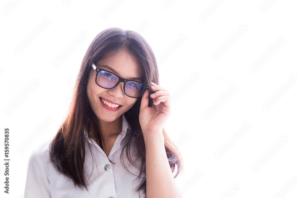 Asian university student women cute uniform nerd with glasses portrait isolated on white, Thailand university.