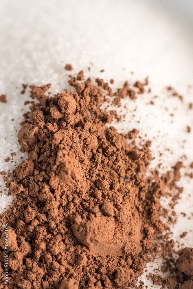 Crustal sugar with cocoa powder with spoon in the bowl Crustal sugar with cocoa powder with spoon in the bowl