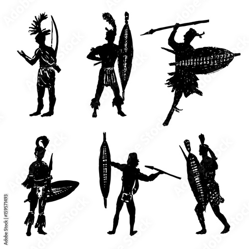 drawing collection of silhouettes of African tribal warriors in the battle suit and arms sketch hand drawn vector illustration