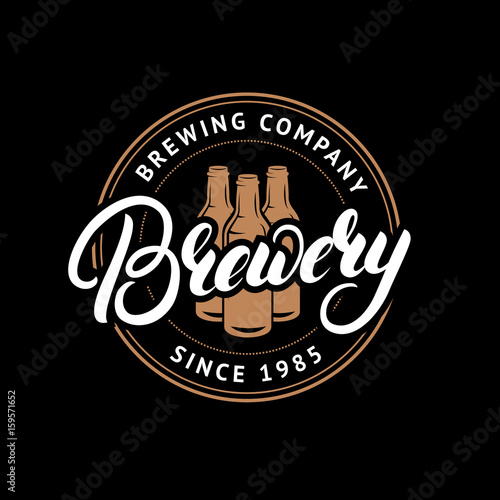 Brewery hand drawn lettering logo, label, badge, emblem with beer bottles.