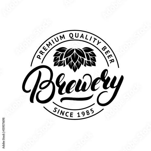 Brewery hand drawn lettering logo, label, badge, emblem with hop.