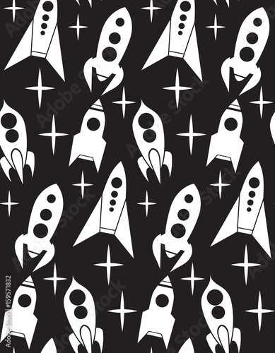Seamless pattern with spacecraft and stars. Silhouettes of spaceships. Vector texture for your design