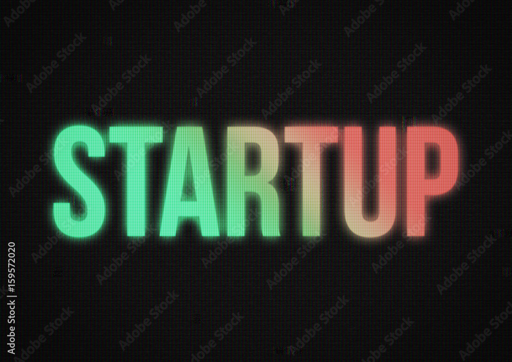 Word startup on dark screen with glitch old tv effect.