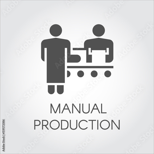 Black image of manual production concept. Simple icon of people working on conveyor at factory. Pictograph in flat style for your design needs. Vector illustation